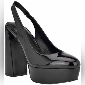 NINE WEST TRINS Sling Back Platform Mary Jane Block Heels PUMPS BLACK PATENT